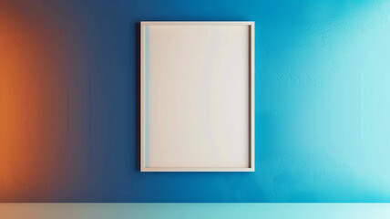 A blank frame mockup hanging against a gradient wall transitioning from deep ocean blue to sky blue
