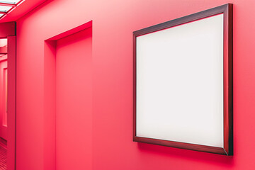 Suspended on a vibrant coral pink wall, an empty blank frame mockup inspires bold and vibrant...