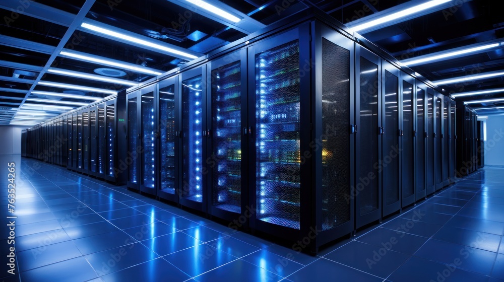 Poster depict a state of the art data center with rows of server racks, cooling systems, and redundant powe