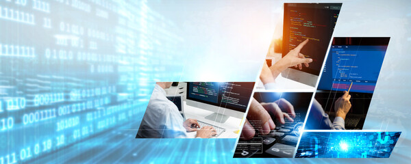 Computer programming, coding and AI artificial intelligence software development engaged by skilled...