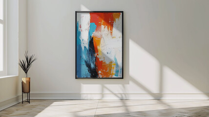 A minimalist frame mockup positioned on a wall featuring a mesmerizing abstract painting with bold...