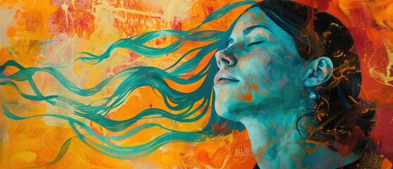 A woman with long blue hair is shown in a painting