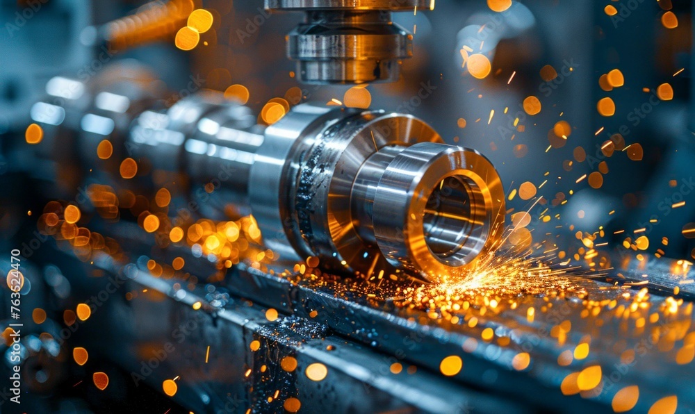 Poster precision engineering: metal lathe in action. generative ai