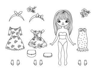 Paper doll clothes. Paper doll outline. Coloring page, Coloring book. Cute girl with clothes. Vector illustration isolated on white background. Dress up, cutouts, cut out. Fashion girl. Toy, game..