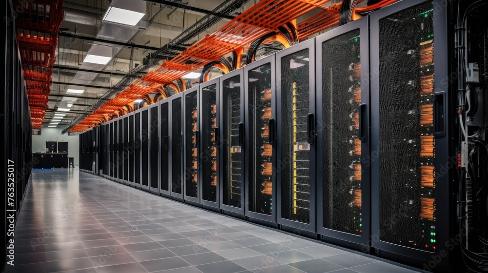 Poster depict a state of the art data center with rows of server racks, cooling systems, and redundant powe