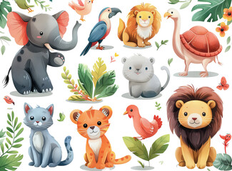 collection of cartoon animals, bright and cute clipart.
Concept: children's educational book, getting to know animals, developing imagination