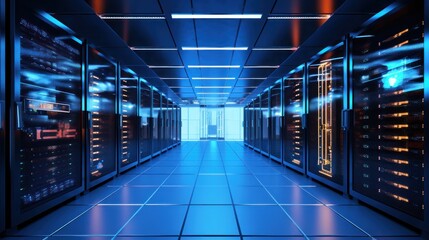 Fototapeta premium Depict a state of the art data center with rows of server racks, cooling systems, and redundant power supplies