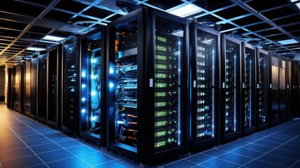 Depict a state of the art data center with rows of server racks, cooling systems, and redundant power supplies