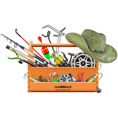 Vector Fishing Accessories with Wooden Crate