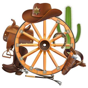 Vector Cowboy Concept with Old Wooden Wheel