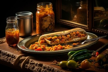 Tasty hotdog with mustard and ketchup on reflective table for food ads and menus - obrazy, fototapety, plakaty