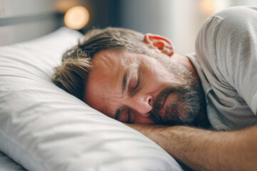 A man with a beard is sleeping on a white pillow - Powered by Adobe
