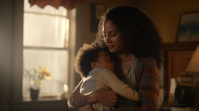 A loving black mother embraces her child in a warm, cozy room, illuminated by the soft, golden light of the late afternoon sun.
