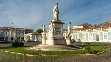 Lisbon, Portugal. 11 December 2023. Marble statue of Queen Maria, with the robes and the laurel...