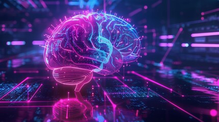 Artificial Intelligence Concept, Neon Glowing Futuristic Human Brain With Connection Dots - obrazy, fototapety, plakaty
