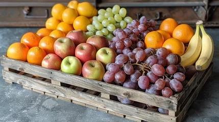 Fotobehang Assorted Fresh Fruits in Wooden Crate © yganko