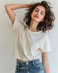 young female model wearing white t-shirt and blue jean