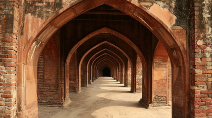 Fototapeta na wymiar Repeating Narrow Archways in Brick Fort . Generative Ai
