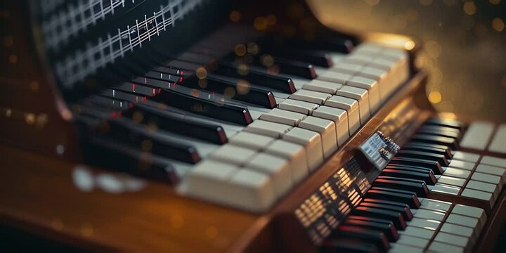 close up of a piano keyboard with many keys, in the style of masterpiece, cinematic