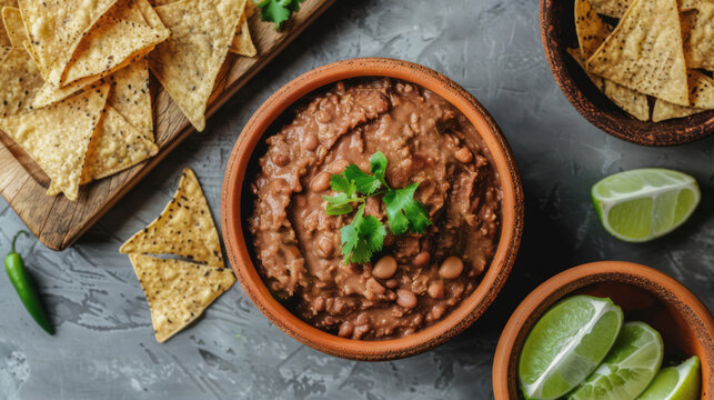 A top down image of a bowl of homemade refried beans with lemons and tortilla chips.