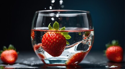 Strawberries in a glass with clear liquid. Perhaps strawberry vodka. Strawberry concept. - obrazy, fototapety, plakaty