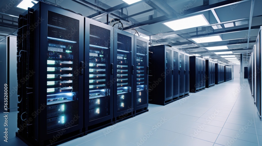 Poster depict a state of the art data center with rows of server racks, cooling systems, and redundant powe