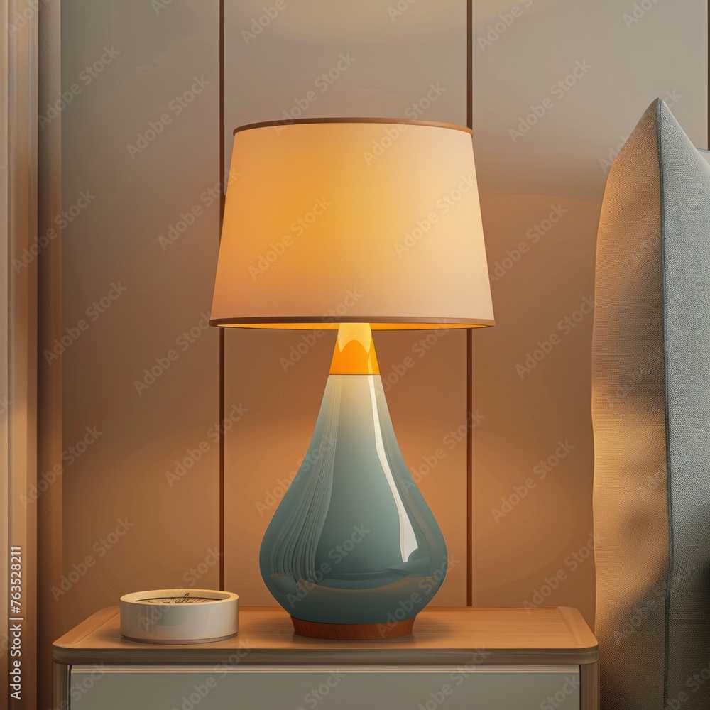 Poster a lamp with a blue shade sits on a table next to a bowl. the lamp is lit, creating a warm and inviti
