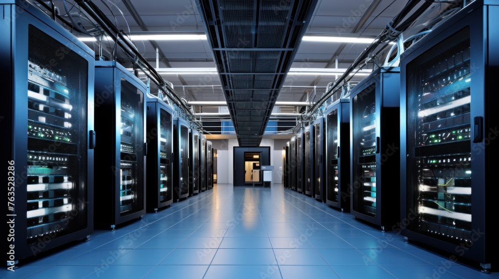 Aufkleber depict a state of the art data center with rows of server racks, cooling systems, and redundant powe