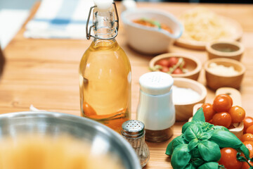 Health food's ingredients of special menu homemade cooking oil, radish, garlic, salt, oregano,...