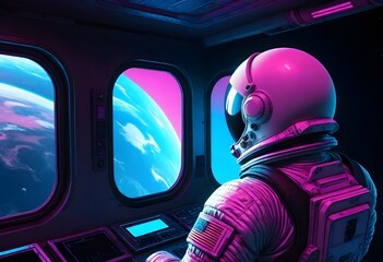 Astronaut in a blue space suit looking out of a spacecraft window - Powered by Adobe