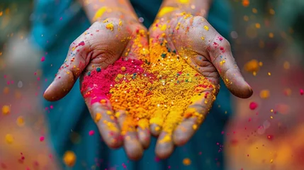 Fotobehang Persons Hands Covered in Colored Powder © yganko