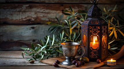Ramadan Kareem still life. Ornamental lantern with burning candle and Turkish silver . Generative Ai - obrazy, fototapety, plakaty