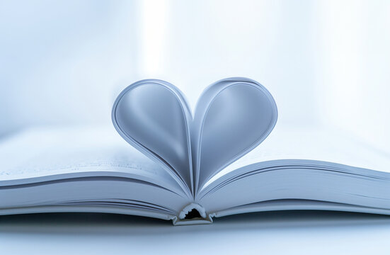 Open book with pages folded into a heart shape against minimalist white background. Love for reading and literature concept. Banner for World Book Day event with copy space.  