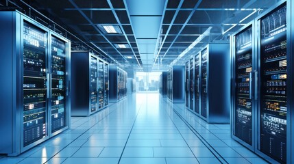 Fototapeta premium Depict a state of the art data center with rows of server racks, cooling systems, and redundant power supplies 
