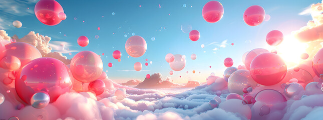 Fototapeta premium Colorful balloons in a surreal 3D landscape with pink and aquamarine tones, creating a dreamy and joyful atmosphere. Suitable for celebrations and fantasy themes.