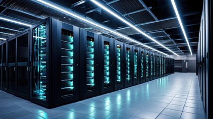 Depict a state of the art data center with rows of server racks, cooling systems, and redundant power supplies	
