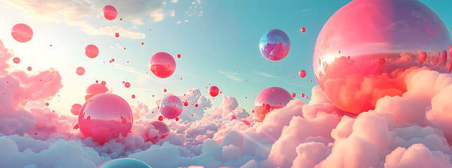Colorful balloons in the sky, resembling a surreal 3D landscape with pink and aquamarine tones.