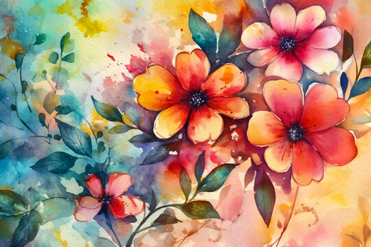 Red flowers illustration. Watercolour floral background template. Generative AI 