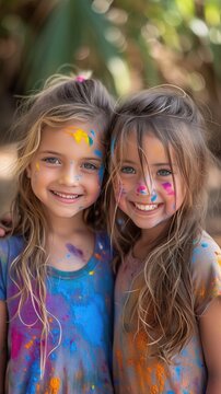 cute european child girls celebrate Indian holi festival with colorful paint powder on faces and body