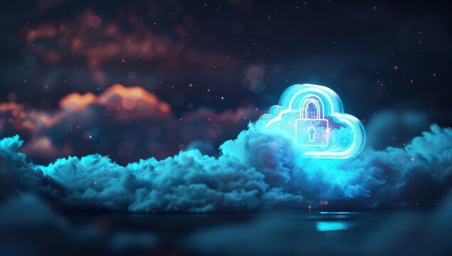 A glowing blue cloud with a padlock icon floating above it on a dark background, symbolizing security in the digital world of data Generative AI