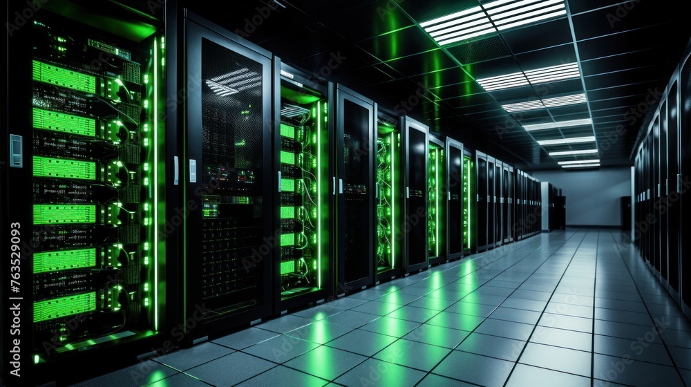 Aufkleber depict a state of the art data center with rows of server racks, cooling systems, and redundant powe