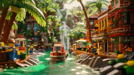 Fototapeta na wymiar LEGO game scene, minifigures, brick-built environment, vibrant colors, playful, action-packed, immersive, photorealistic