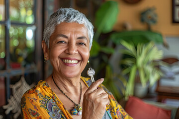 Happy retired elderly woman showing keys from new home, smiling, promoting mortgage, rent apartment agency service, real estate property buying, looking at camera and smiling. - obrazy, fototapety, plakaty
