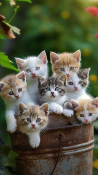 five cute baby cats in different colors playing with a jarn on a farm in summer