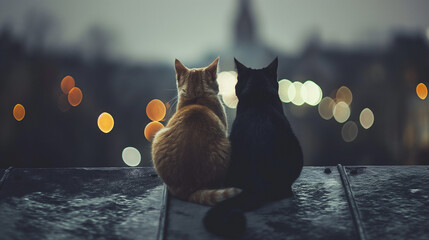 two cats, sitting next to each other ontop of a roof at night, twisting their tails with one another, at night, looking at the night sky - obrazy, fototapety, plakaty