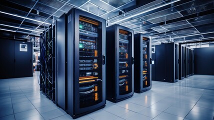 Naklejka premium Depict a state of the art data center with rows of server racks, cooling systems, and redundant power supplies 