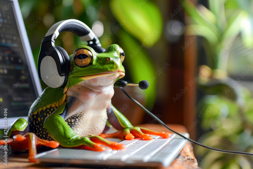 Wall mural a frog wearing headphones is sitting on a keyboard. the frog is wearing a headset and he is listenin