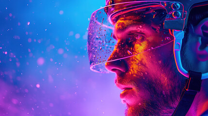 Close-up portrait of a hockey player in a helmet on an ultraviolet background.