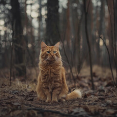 Naklejka na ściany i meble Cute organge cat, sitting in a forest in spring, gloomy mood