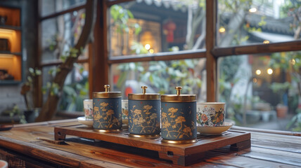 Four decorated tea canisters on a wooden tray - obrazy, fototapety, plakaty
